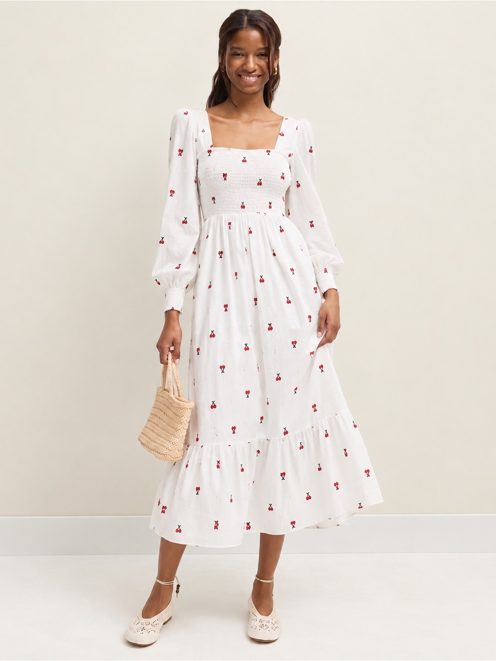 NWT Never Fully Dressed Cherry Print Shirred Smock Midi Dress White Red NWT Sz 8